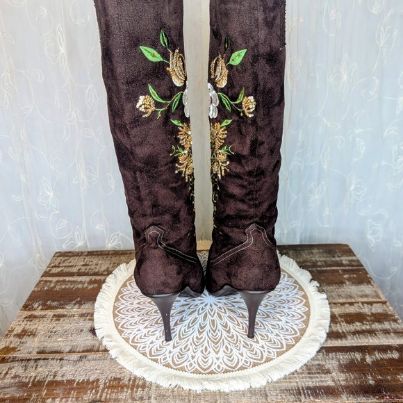 "Splash" Brown Embellished & Embroidered Floral Heeled Boots - Picture 7 of 12